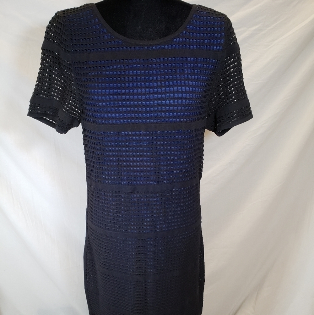 Bar III Black And Blue Short Sleeve Dress With Zipper Closure Sz L